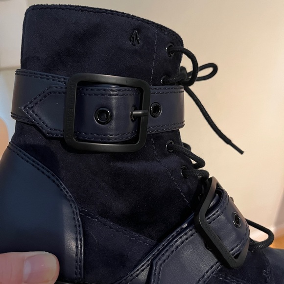 Armani Black Leather Moto Combat Boot Blue Ankle AX Oversized Buckle Zipper 7 38 - Picture 12 of 16